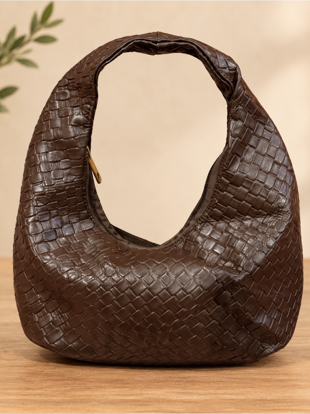 Woven Leather Hobo Bag - Brown